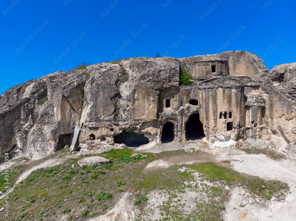 Aerial view to the byzantine church in phrygian valley or frig vadisi in province of Eskisehir and Afyon in Turkey