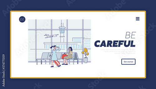 Coronavirus pandemic landing page with coughing woman in airport without mask