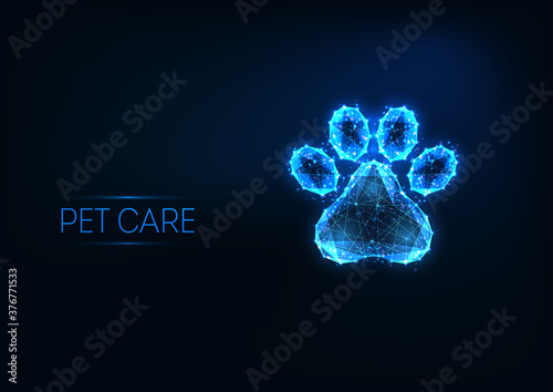 Futuristic pet care, veterinary clinic, grooming service logo concept with low polygonal animal paw