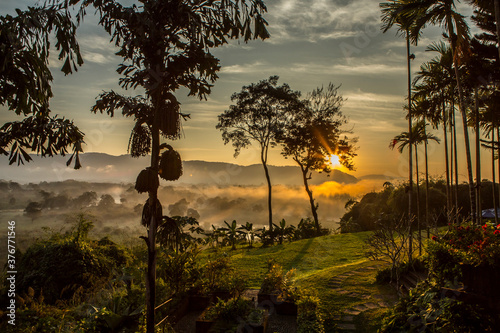 Sunrise over Myanmar and Las and Ruak river, Golden Triangle, Chiang Rai, Thailand photo