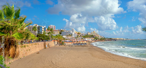 Fototapeta Naklejka Na Ścianę i Meble -  Beach and embankment along seaside in Benalmadena resort town. Andalusia, Spain