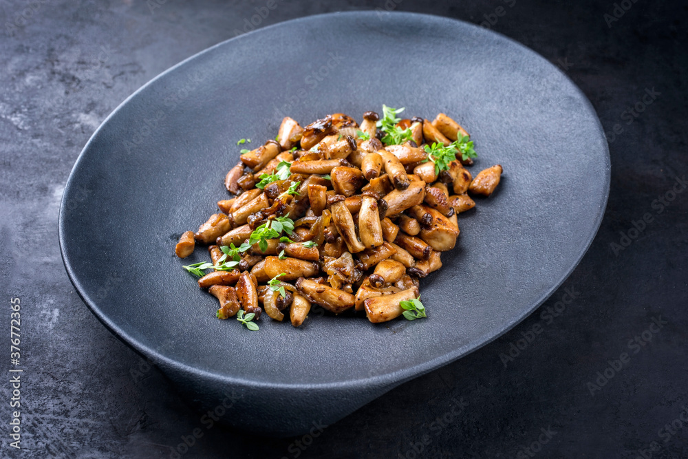 Traditionelle frische gebratene Baby Kreuterseitlinge mit Kreutern angeboten als close-up in einem Design Teller