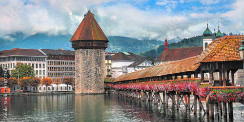 View of Chapel Bridge on river Reuss in Lucerne (Luzern). Switzerland