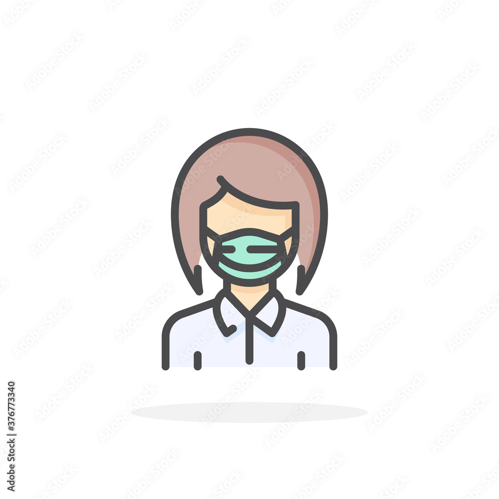 Woman in flu mask icon in filled outline style.