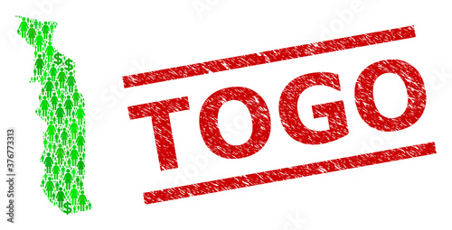 Green dollar and men mosaic map of Togo and scratched stamp. Stamp includes TOGO caption between parallel lines. Mosaic map of Togo constructed from green dollars, and men and women symbols.