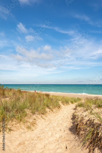 Pathway to Kemil Beach on a beautiful late summer morning. Indiana Dunes National Park, Indiana, USA