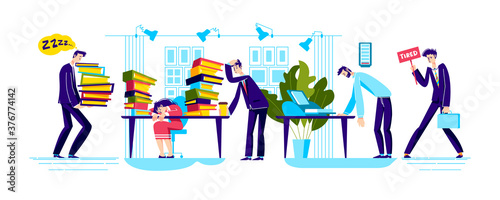 Tired business people team in office. Frustrated office workers overload with paperwork and deadline