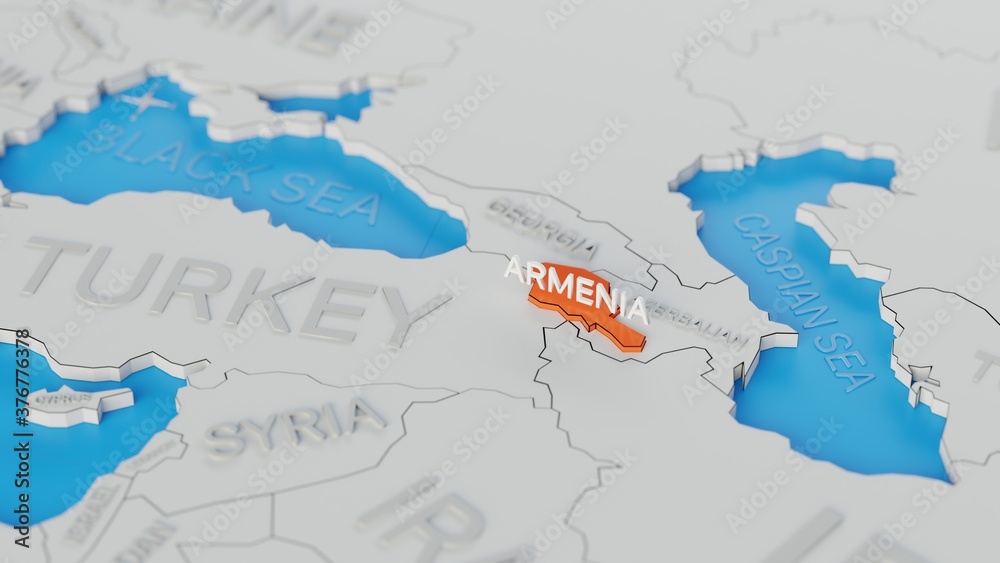 Fototapeta premium Armenia highlighted on a white simplified 3D world map. Digital 3D render.