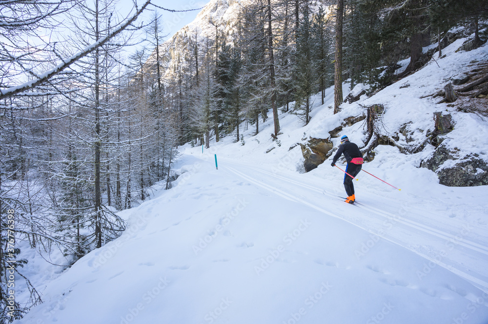 Cross-country ski on Roseg valley, Upper-Engadine valley, Grisons, Graubunden, Switzerland