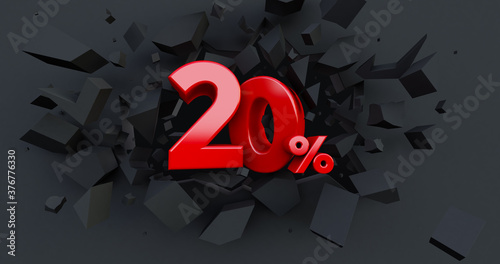 Abstract Explosion Background. 20 twenty percent sale. Black friday idea. up to 20%. Broken black wall with 20% in the center. 3D render photo