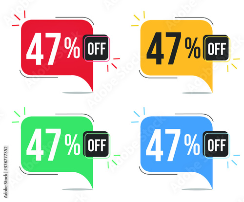 47% off. Red, yellow, green and blue tags with forty-seven percent discount. Banner with four colorful balloons with special offers vector.