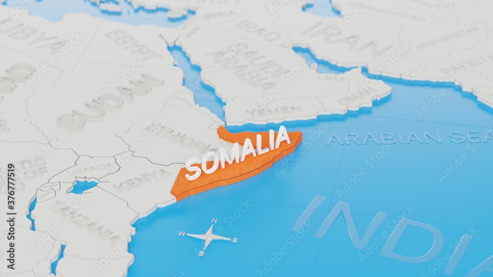 Obraz premium Somalia highlighted on a white simplified 3D world map. Digital 3D render.