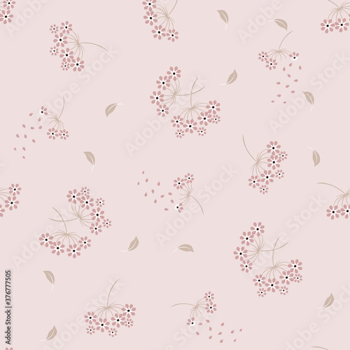 Vector seamless pattern with small scattered pink flowers, leaves. Liberty style print in pastel colors. Elegant floral background. Simple ditsy texture. Modern repeat design for wallpapers, textile