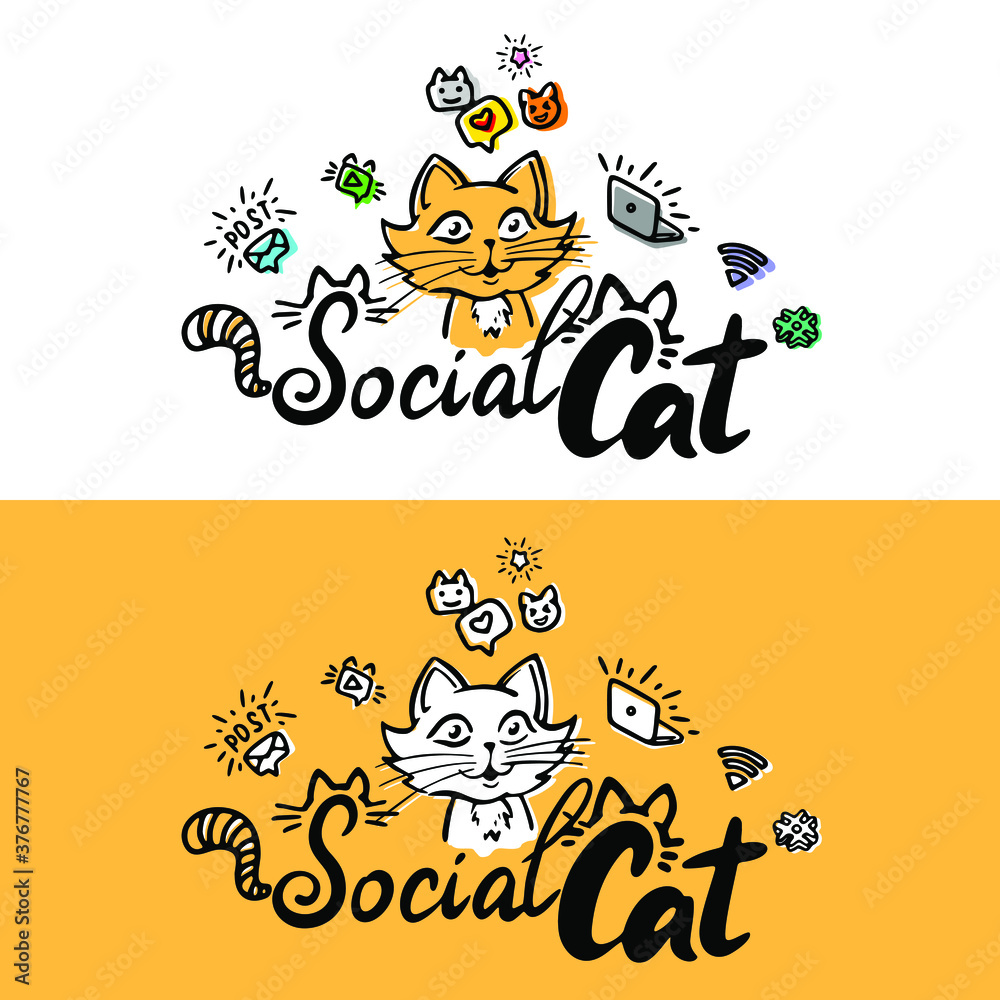 Φωτογραφία Linear isolated vector ink set of cat, social media symbols, likes, sms, messages, wi-fi, letter, hashtag, mustache, tail and unique lettering