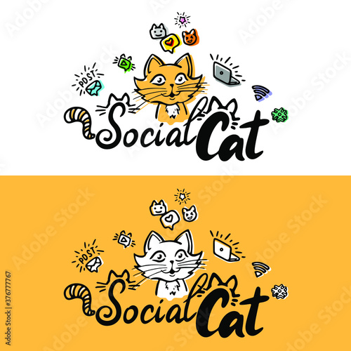 Linear isolated vector ink set of cat, social media symbols, likes, sms, messages, wi-fi, letter, hashtag, mustache, tail and unique lettering. For a logo, article, textiles, icons, websites.