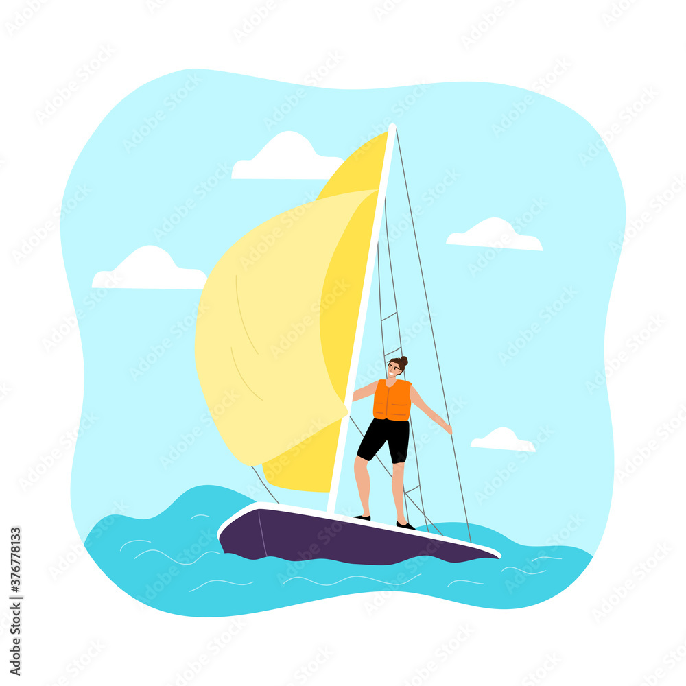 Young woman riding sailboat with wind and enjoying trip under yellow sail