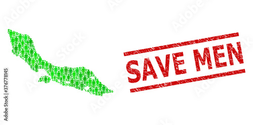 Green dollar and customers mosaic map of Curacao Island and rubber seal stamp. Stamp seal includes SAVE MEN tag between parallel lines. Mosaic map of Curacao Island constructed of green dollars,