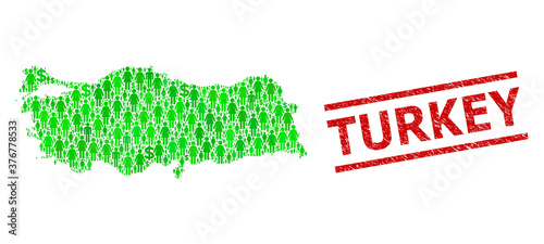 Green dollar and men mosaic map of Turkey and scratched seal stamp. Stamp seal includes TURKEY caption between parallel lines. Mosaic map of Turkey designed with green dollars,