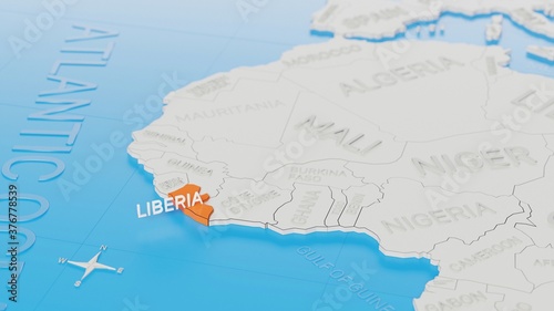 Liberia highlighted on a white simplified 3D world map. Digital 3D render.