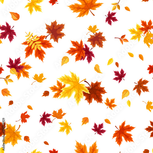 Vector seamless pattern with red, orange, yellow and brown autumn leaves on white.