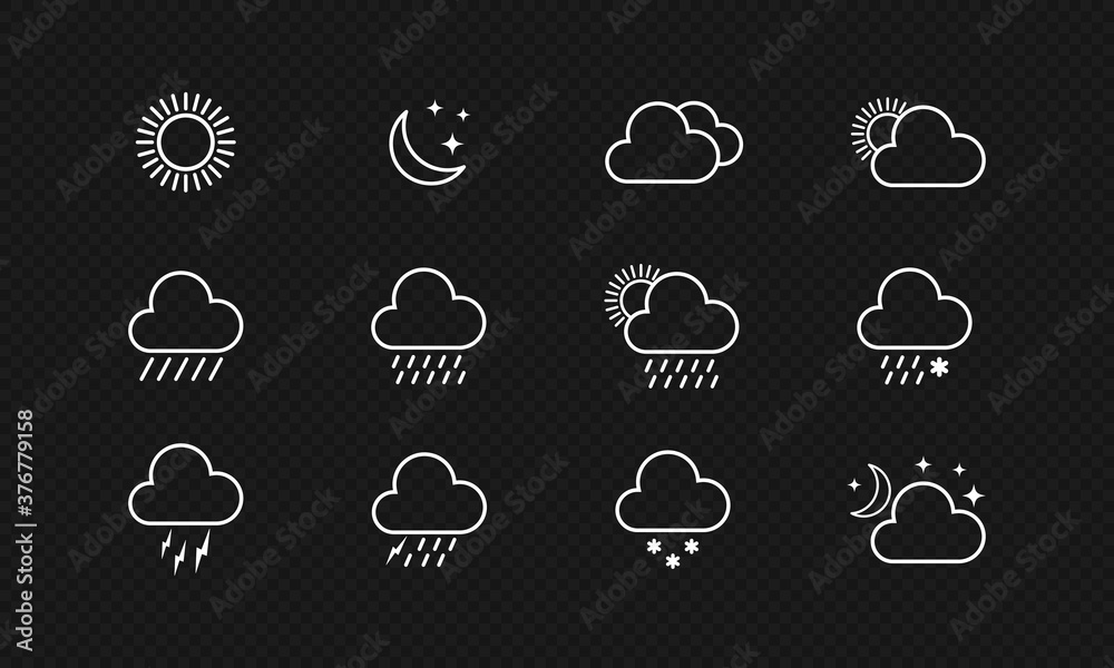 Weather icon set. Raining, snowing, sunny, cloudy. Vector on isolated black background. EPS 10 Weather icon set. Raining, snowing, sunny, cloudy. Vector on isolated black background. EPS 10