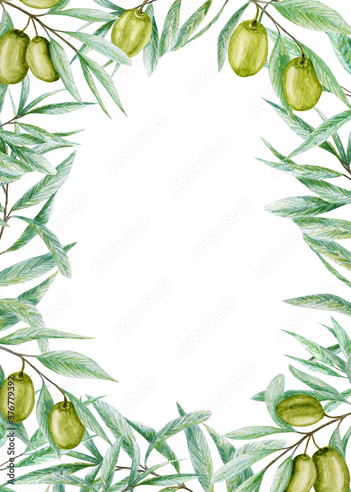 Greenery Watercolor olive leaves frame, Realistic olives tree branch illustration on white background, Hand painted wedding invitation. Isolated Border design for poster, greeting card, label concept.