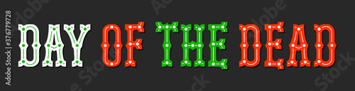 Mexican Day of The Dead lettering text inscription on the dark background. Black banner with red, green, white words. National flag colored EPS 10 vector illustration