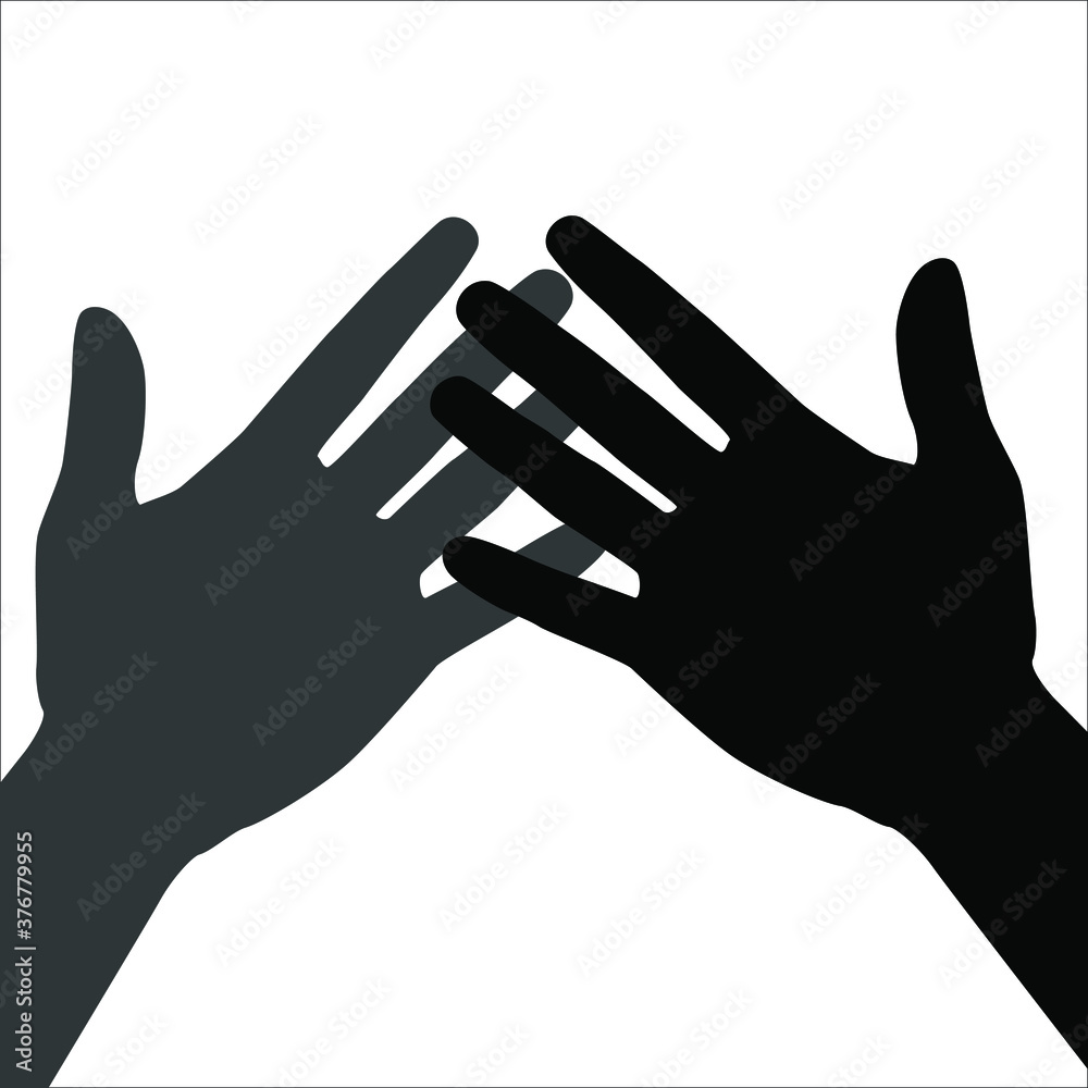 Front view of two crossed human hands.Silhouette of clapping hands. Outline icon of palms rubbing against each other. Black simple illustration of applause. Flat isolated vector pictogram. Front view of two crossed human hands.Silhouette of clapping hands. Outline icon of palms rubbing against each other. Black simple illustration of applause. Flat isolated vector pictogram.