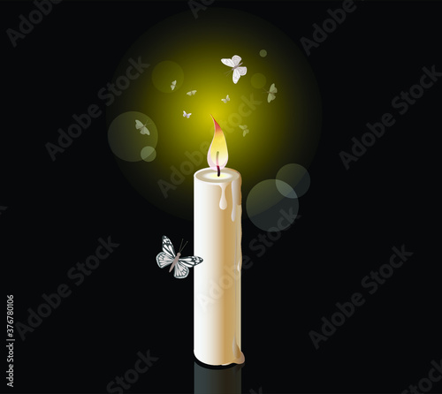 Burning candle with butterflies flying around. Vector illustration for design.