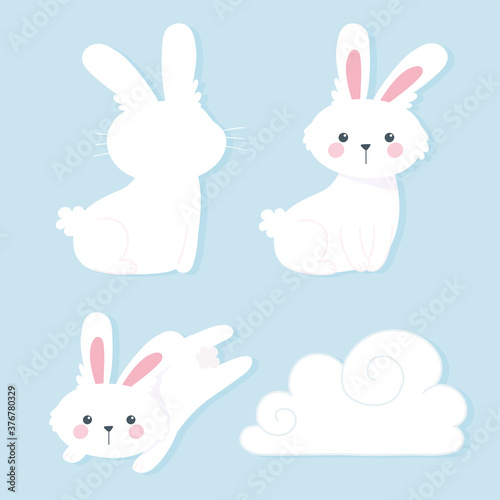 happy mid autumn festival  white rabbits cartoon and cloud icons