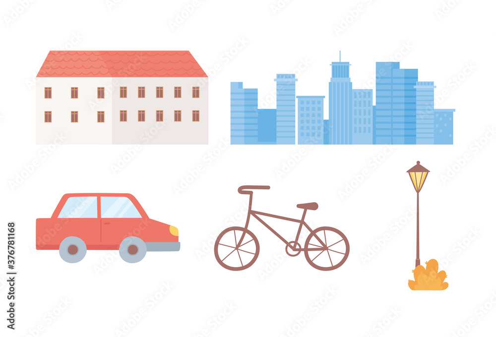 building cityscape car bike and lamp icons set
