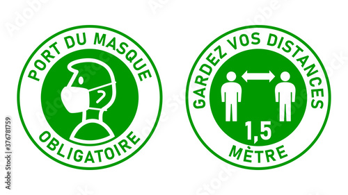 Set of Round Sticker Signs against Coronavirus in French "Port Du Masque Obligatoire" (Face Masks Required) and "Gardez Vos Distances 1,5 Metre" (Keep Your Distance 1,5 Meters). Vector Image.