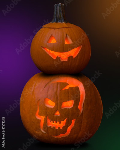 Halloween pumpkin Jack O Lantern. Pumpkin snowman. Skull skeleton scary face. Candles lights. Autumn season. Good for Halloween store.