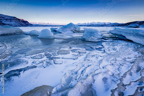 Various ice formations in Jokulsarlon Glacier lagoon in Iceland