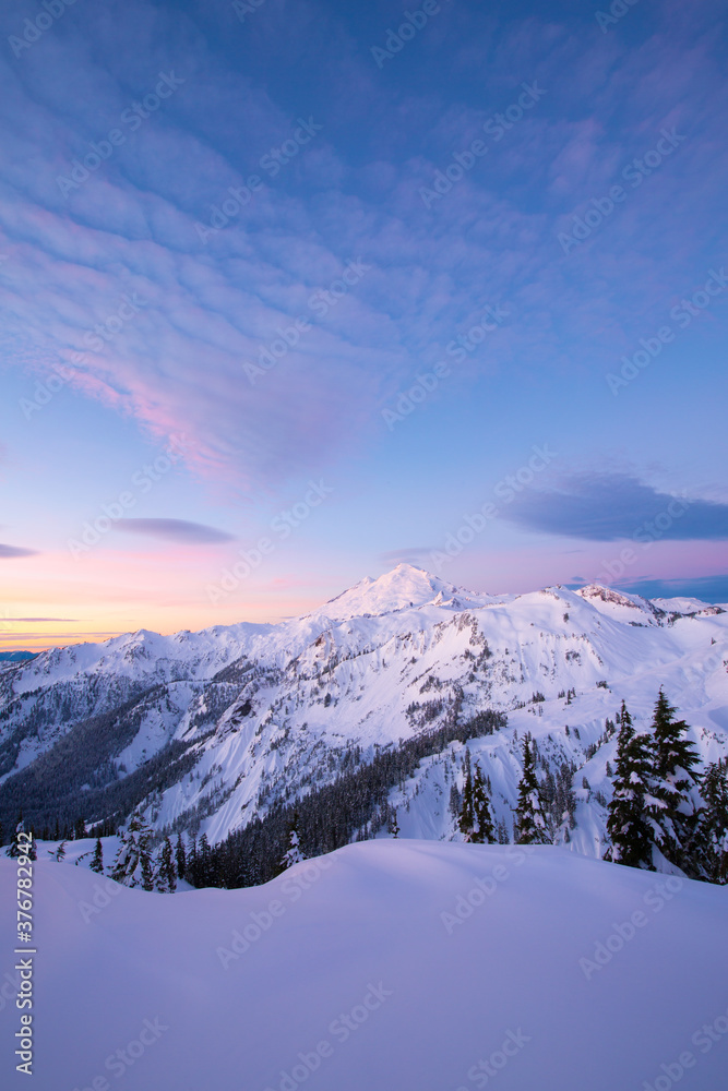 Scenic view of Mount Baker in winter during sunrise Scenic view of Mount Baker in winter during sunrise