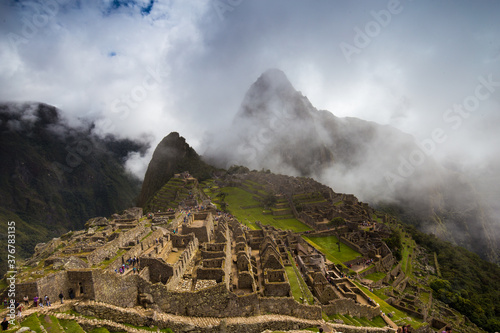 Scenic view of fog covered Machu Picchu