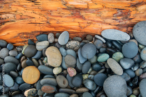 overhead view of driftwood and stones on Rialto Beach