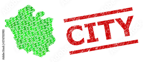 Green dollar and customers mosaic map of Chandigarh City and dirty seal stamp. Stamp seal includes CITY text between parallel lines. Mosaic map of Chandigarh City designed from green dollars,