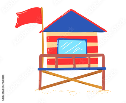 Wooden beach house, hut for active vacation on coast, summer vacation, design cartoon style vector illustration, isolated on white. Surfing at sea, colorful cottage, travel building, graphic drawing