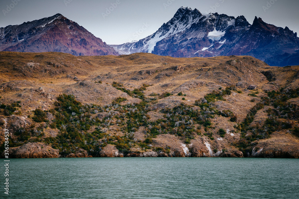 View of lake with mountains in Los Glaciares National Park View of lake with mountains in Los Glaciares National Park