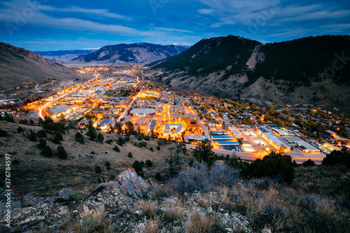 High angle view of town at night photo