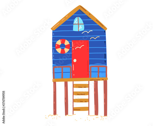 Tropical beach house, active, hot summer vacation, seaside hut, design cartoon style vector illustration, isolated on white. Green palm tree near cottage, rest on island, cozy wooden bungalow building