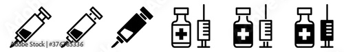 Syringe Injection Icon Black | Syringes Illustration | Needle Bottle Symbol | Medicine Ampoule Logo | Inject Sign | Isolated | Variations