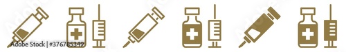 Syringe Injection Icon Gold | Syringes Illustration | Needle Bottle Symbol | Medicine Ampoule Logo | Inject Sign | Isolated | Variations