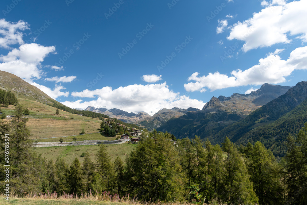 View on the Ayas valley from Antagnod, Aosta valley. Italy