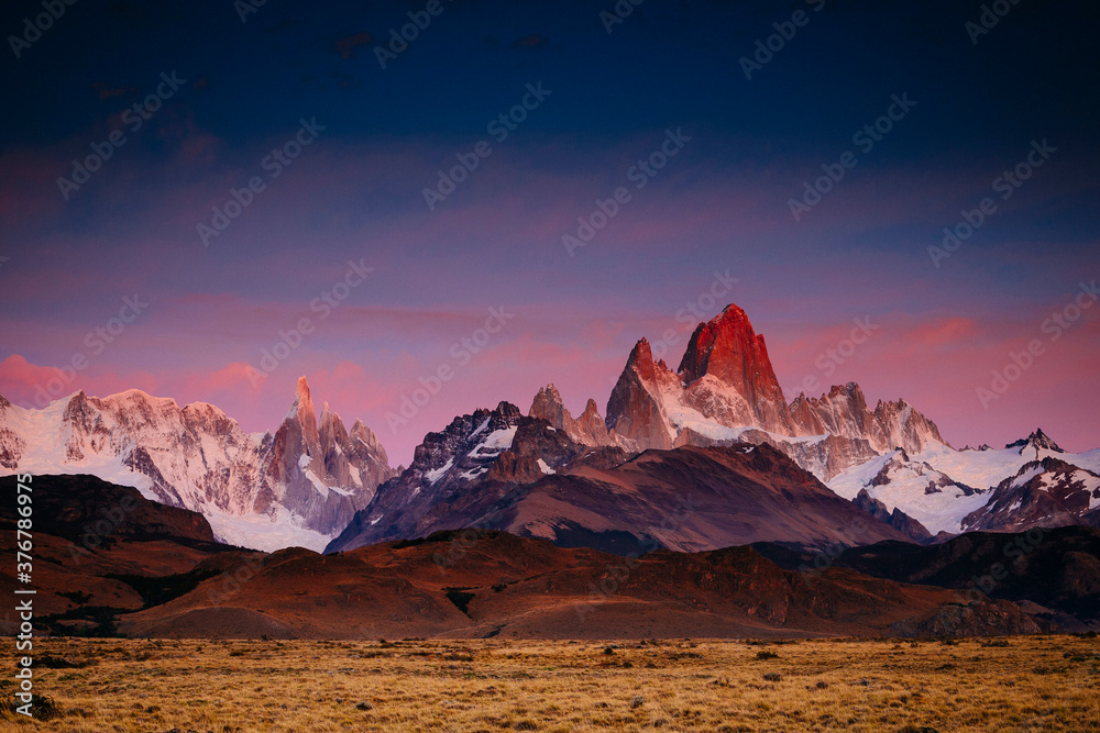 Scenic view of Cerro Torre and Mount Fitz Roy during sunset