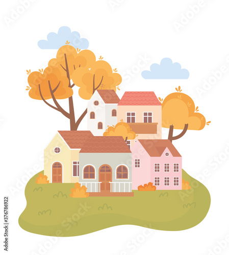 landscape in autumn nature scene, houses cartoon trees leaves bushes cartoon