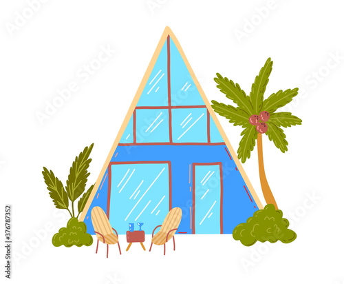 Tropical beach house, active, hot summer vacation, seaside hut, design cartoon style vector illustration, isolated on white. Green palm tree near cottage, rest on island, cozy wooden bungalow building