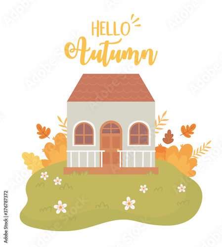 hello autumn nature scene, house leaves bush flowers grass landscape cartoon