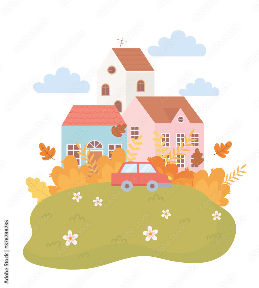 landscape in autumn nature scene, village houses car in the grass with flowers landscape in autumn nature scene, village houses car in the grass with flowers